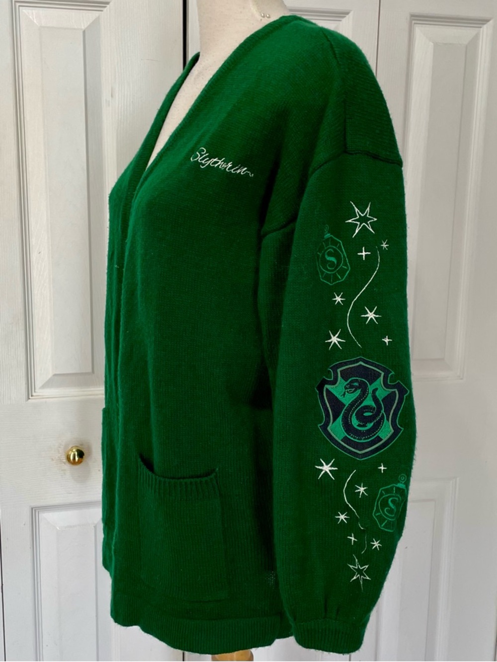 Harry Potter Slytherine Green Open-Front Knit Cardigan with Pockets